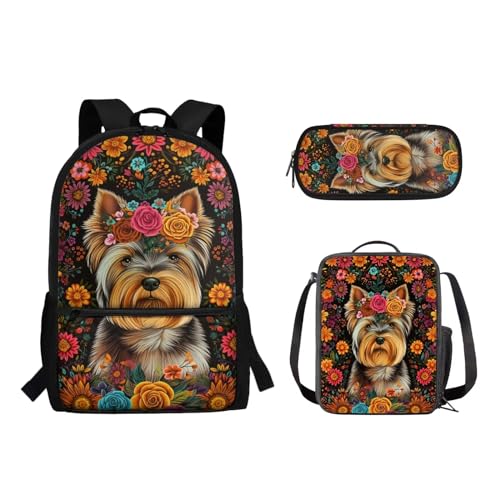 Suhoaziia 3-teiliges Rucksack-Set mit Lunchtasche und Bleistiftbeutel, für Jungen und Mädchen, Grundschule, Mittelschule, Schulrucksack, Büchertaschen, Hundeblumen, Tagesrucksäcke von Suhoaziia