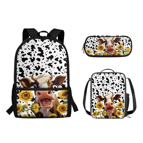 Suhoaziia 3-teiliges Rucksack-Set mit Lunchtasche und Bleistiftbeutel, für Jungen und Mädchen, Grundschule, Mittelschule, Schulrucksack, Büchertaschen, Kuh Sonnenblume, Tagesrucksäcke von Suhoaziia