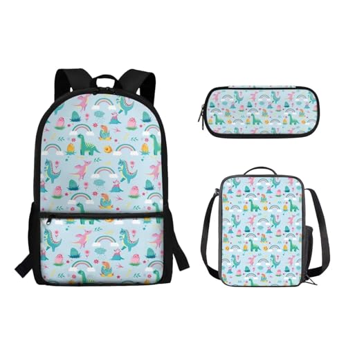 Suhoaziia 3-teiliges Rucksack-Set mit Lunchtasche und Bleistiftbeutel, für Jungen und Mädchen, Grundschule, Mittelschule, Schulrucksack, Büchertaschen, Regenbogen Dinosaurier, Tagesrucksäcke von Suhoaziia