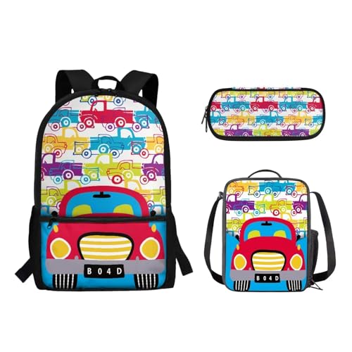 Suhoaziia 3-teiliges Rucksack-Set mit Lunchtasche und Bleistiftbeutel, für Jungen und Mädchen, Grundschule, Mittelschule, Schulrucksack, Büchertaschen, Rotes Auto, Tagesrucksäcke von Suhoaziia