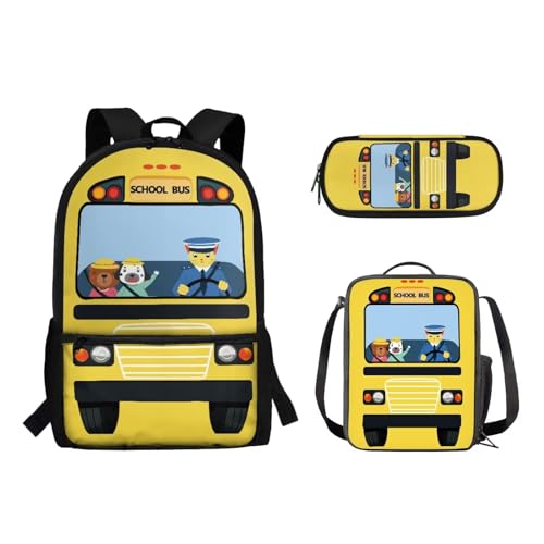 Suhoaziia 3-teiliges Rucksack-Set mit Lunchtasche und Bleistiftbeutel, für Jungen und Mädchen, Grundschule, Mittelschule, Schulrucksack, Büchertaschen, Schulbus-Aufdruck, Tagesrucksäcke von Suhoaziia