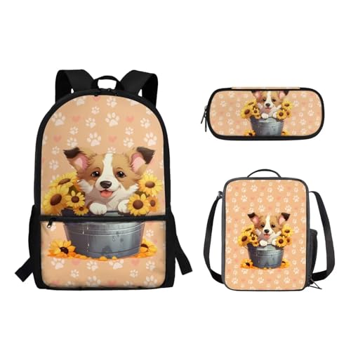 Suhoaziia 3-teiliges Rucksack-Set mit Lunchtasche und Bleistiftbeutel, für Jungen und Mädchen, Grundschule, Mittelschule, Schulrucksack, Büchertaschen, Sonnenblumen-Corgi-Hund, Tagesrucksäcke von Suhoaziia