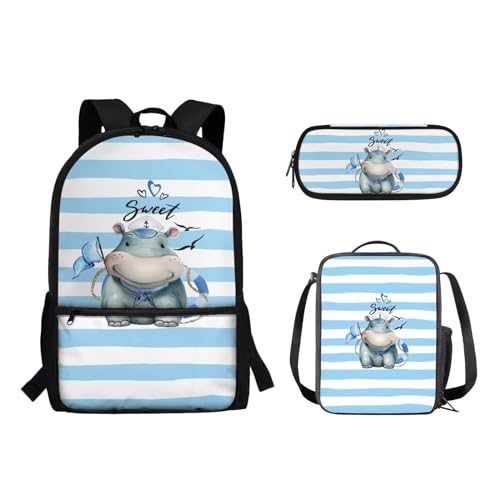 Suhoaziia 3-teiliges Rucksack-Set mit Lunchtasche und Bleistiftbeutel, für Jungen und Mädchen, Grundschule, Mittelschule, Schulrucksack, Büchertaschen, Süßes Nilpferd, Tagesrucksäcke von Suhoaziia