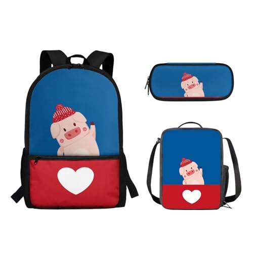 Suhoaziia 3-teiliges Rucksack-Set mit Lunchtasche und Bleistiftbeutel, für Jungen und Mädchen, Grundschule, Mittelschule, Schulrucksack, Büchertaschen, Süßes Schwein, Tagesrucksäcke von Suhoaziia