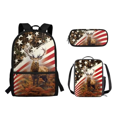 Suhoaziia 3-teiliges Rucksack-Set mit Lunchtasche und Bleistiftbeutel, für Jungen und Mädchen, Grundschule, Mittelschule, Schulrucksack, Büchertaschen, USA-Flagge, Hirsch, Tagesrucksäcke von Suhoaziia