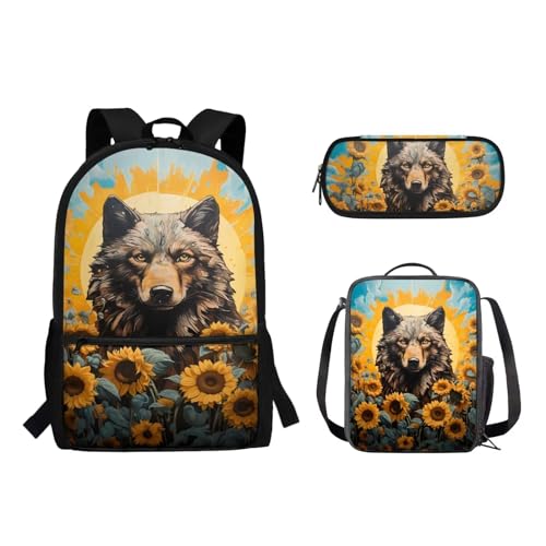 Suhoaziia 3-teiliges Rucksack-Set mit Lunchtasche und Bleistiftbeutel, für Jungen und Mädchen, Grundschule, Mittelschule, Schulrucksack, Büchertaschen, Wolf-Sonnenblumen, Tagesrucksäcke von Suhoaziia