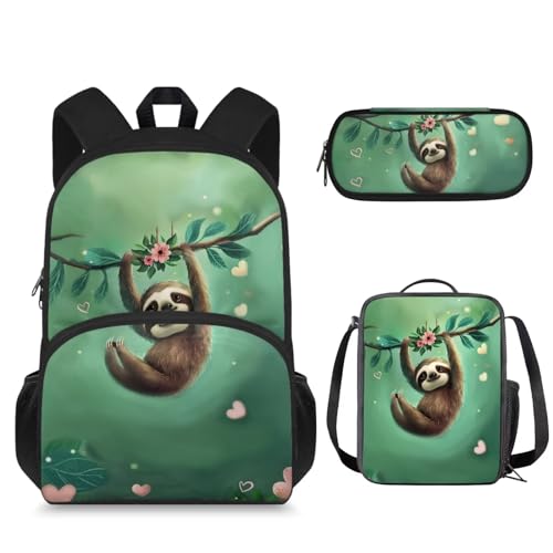 Suhoaziia 3-teiliges Rucksack-Set mit Lunchtasche und Federmäppchen, für Jungen und Mädchen, Schulrucksack-Sets, Faultier-Blume, Tagesrucksack von Suhoaziia