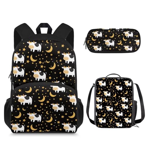 Suhoaziia 3-teiliges Rucksack-Set mit Lunchtasche und Federmäppchen, für Jungen und Mädchen, Schulrucksack-Sets, Moon Stars Cow, Tagesrucksäcke von Suhoaziia