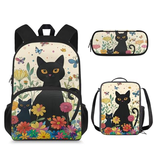 Suhoaziia 3-teiliges Rucksack-Set mit Lunchtasche und Federmäppchen, für Jungen und Mädchen, Schulrucksack-Sets, Schwarze Katzenblumen, Tagesrucksack von Suhoaziia