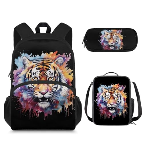 Suhoaziia 3-teiliges Rucksack-Set mit Lunchtasche und Federmäppchen, für Jungen und Mädchen, Schulrucksack-Sets, tiger, Tagesrucksäcke von Suhoaziia