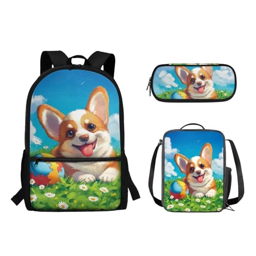 Suhoaziia 3-teiliges Schulrucksack-Set für Grundschüler, Mittelhochschüler, Büchertaschen mit Lunchtasche und Federmäppchen für Mädchen, Jungen, Teenager, Cartoon-Corgi-Ball, Tagesrucksäcke von Suhoaziia