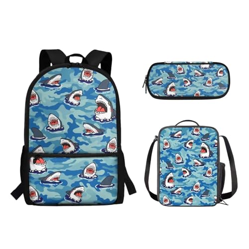 Suhoaziia 3-teiliges Schulrucksack-Set für Grundschüler, Mittelhochschüler, Büchertaschen mit Lunchtasche und Federmäppchen für Mädchen, Jungen, Teenager, Cartoon-Haie, Tagesrucksäcke von Suhoaziia