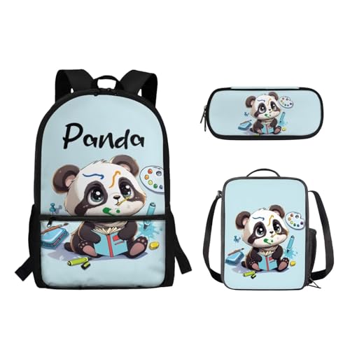 Suhoaziia 3-teiliges Schulrucksack-Set für Grundschüler, Mittelhochschüler, Büchertaschen mit Lunchtasche und Federmäppchen für Mädchen, Jungen, Teenager, Cartoon-Panda, blau, Tagesrucksäcke von Suhoaziia