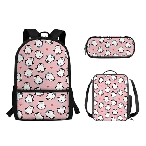 Suhoaziia 3-teiliges Schulrucksack-Set für Grundschüler, Mittelhochschüler, Büchertaschen mit Lunchtasche und Federmäppchen für Mädchen, Jungen, Teenager, Cartoon-Pinguine, rosa, Tagesrucksäcke von Suhoaziia