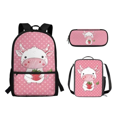 Suhoaziia 3-teiliges Schulrucksack-Set für Grundschüler, Mittelhochschüler, Büchertaschen mit Lunchtasche und Federmäppchen für Mädchen, Jungen, Teenager, Erdbeermilch-Kuh, Tagesrucksäcke von Suhoaziia