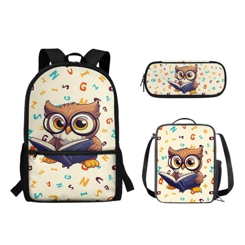 Suhoaziia 3-teiliges Schulrucksack-Set für Grundschüler, Mittelhochschüler, Büchertaschen mit Lunchtasche und Federmäppchen für Mädchen, Jungen, Teenager, Eulen-Buchstaben, Tagesrucksäcke von Suhoaziia