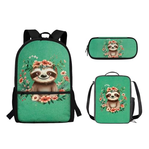 Suhoaziia 3-teiliges Schulrucksack-Set für Grundschüler, Mittelhochschüler, Büchertaschen mit Lunchtasche und Federmäppchen für Mädchen, Jungen, Teenager, Faultier Floral, Tagesrucksäcke von Suhoaziia