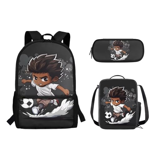 Suhoaziia 3-teiliges Schulrucksack-Set für Grundschüler, Mittelhochschüler, Büchertaschen mit Lunchtasche und Federmäppchen für Mädchen, Jungen, Teenager, Fußball-Junge, Tagesrucksäcke von Suhoaziia