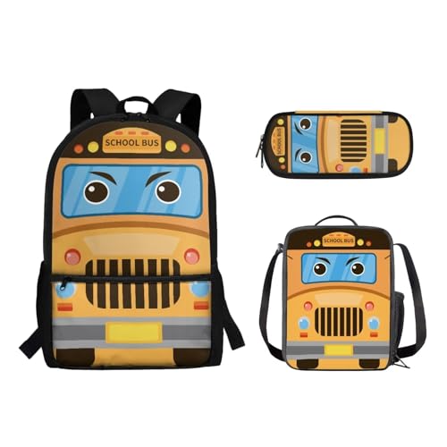 Suhoaziia 3-teiliges Schulrucksack-Set für Grundschüler, Mittelhochschüler, Büchertaschen mit Lunchtasche und Federmäppchen für Mädchen, Jungen, Teenager, Gelber Schulbus, Tagesrucksäcke von Suhoaziia