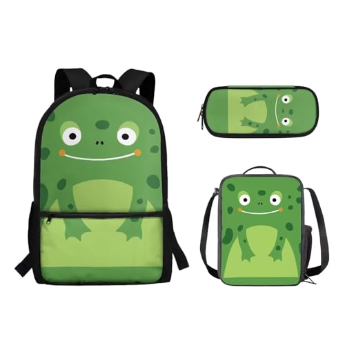 Suhoaziia 3-teiliges Schulrucksack-Set für Grundschüler, Mittelhochschüler, Büchertaschen mit Lunchtasche und Federmäppchen für Mädchen, Jungen, Teenager, Grüner Frosch, Tagesrucksäcke von Suhoaziia