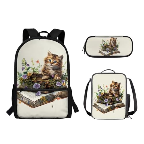 Suhoaziia 3-teiliges Schulrucksack-Set für Grundschüler, Mittelhochschüler, Büchertaschen mit Lunchtasche und Federmäppchen für Mädchen, Jungen, Teenager, Katzenbücher, Tagesrucksäcke von Suhoaziia