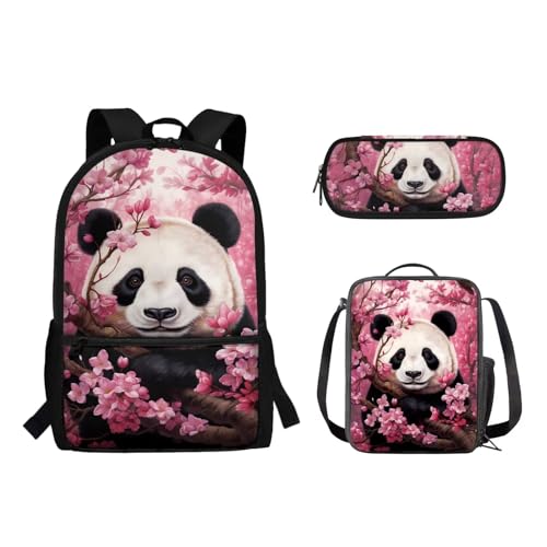 Suhoaziia 3-teiliges Schulrucksack-Set für Grundschüler, Mittelhochschüler, Büchertaschen mit Lunchtasche und Federmäppchen für Mädchen, Jungen, Teenager, Kirschblüten-Panda, Tagesrucksäcke von Suhoaziia