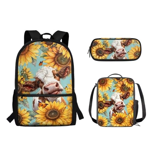 Suhoaziia 3-teiliges Schulrucksack-Set für Grundschüler, Mittelhochschüler, Büchertaschen mit Lunchtasche und Federmäppchen für Mädchen, Jungen, Teenager, Kuh-Sonnenblumen, Tagesrucksäcke von Suhoaziia