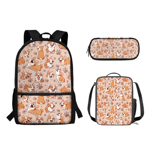 Suhoaziia 3-teiliges Schulrucksack-Set für Grundschüler, Mittelhochschüler, Büchertaschen mit Lunchtasche und Federmäppchen für Mädchen, Jungen, Teenager, Niedlicher Corgi Hund, Tagesrucksäcke von Suhoaziia