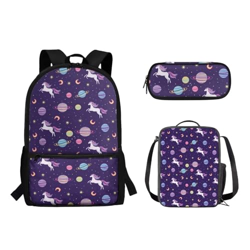 Suhoaziia 3-teiliges Schulrucksack-Set für Grundschüler, Mittelhochschüler, Büchertaschen mit Lunchtasche und Federmäppchen für Mädchen, Jungen, Teenager, Regenbogenpferd-Planeten, Tagesrucksäcke von Suhoaziia