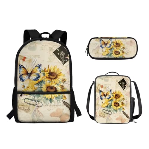 Suhoaziia 3-teiliges Schulrucksack-Set für Grundschüler, Mittelhochschüler, Büchertaschen mit Lunchtasche und Federmäppchen für Mädchen, Jungen, Teenager, Retro-Schmetterling-Sonnenblumen, von Suhoaziia