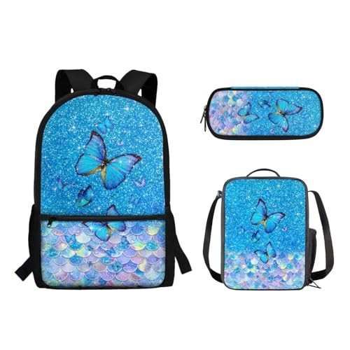 Suhoaziia 3-teiliges Schulrucksack-Set für Grundschüler, Mittelhochschüler, Büchertaschen mit Lunchtasche und Federmäppchen für Mädchen, Jungen, Teenager, Schmetterlings-Meerjungfrauen-Waage, von Suhoaziia