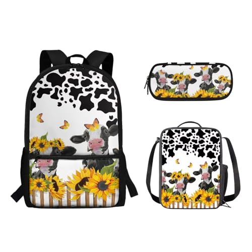 Suhoaziia 3-teiliges Schulrucksack-Set für Grundschüler, Mittelhochschüler, Büchertaschen mit Lunchtasche und Federmäppchen für Mädchen, Jungen, Teenager, Sonnenblumen-Kuh-Muster, Tagesrucksäcke von Suhoaziia