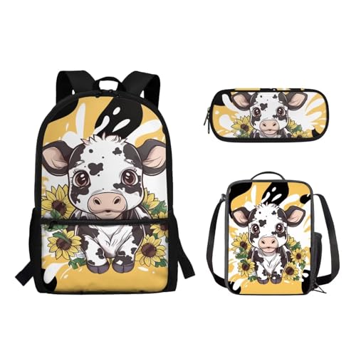 Suhoaziia 3-teiliges Schulrucksack-Set für Grundschüler, Mittelhochschüler, Büchertaschen mit Lunchtasche und Federmäppchen für Mädchen, Jungen, Teenager, Süße Kuh-Sonnenblume, Tagesrucksäcke von Suhoaziia