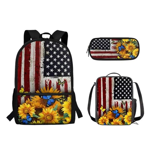 Suhoaziia 3-teiliges Schulrucksack-Set für Grundschüler, Mittelhochschüler, Büchertaschen mit Lunchtasche und Federmäppchen für Mädchen, Jungen, Teenager, USA-Flagge, Sonnenblumen, Tagesrucksäcke von Suhoaziia