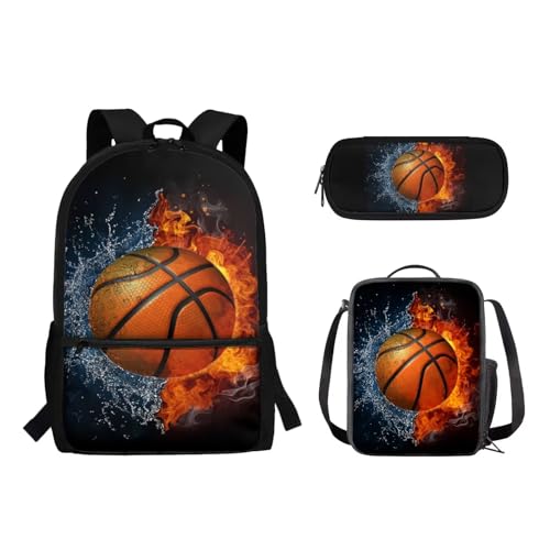 Suhoaziia 3-teiliges Schulrucksack-Set für Grundschüler, Mittelhochschüler, Büchertaschen mit Lunchtasche und Federmäppchen für Mädchen, Jungen, Teenager, Wasserfeuer-Basketball, Tagesrucksäcke von Suhoaziia