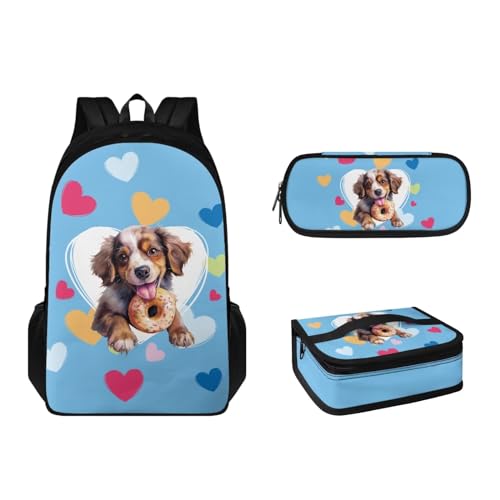 Suhoaziia 3-teiliges Set, leichter Schulrucksack, Tasche mit Lunchbox und Federmäppchen für Grundschule, Mittelschule, Jungen, Mädchen, Teenager, Donut-Hund von Suhoaziia