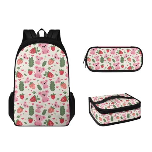 Suhoaziia 3-teiliges Set, leichter Schulrucksack, Tasche mit Lunchbox und Federmäppchen für Grundschule, Mittelschule, Jungen, Mädchen, Teenager, Strawberry Koala Pink, Tagesrucksack von Suhoaziia