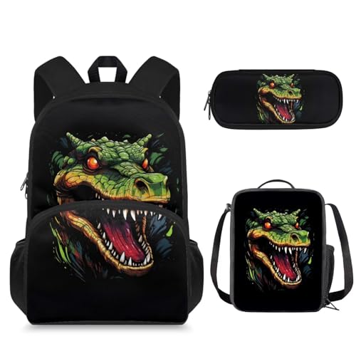 Suhoaziia 3-teiliges Set Schulrucksack mit isolierter Lunchtasche & Federmäppchen, Jungen Mädchen Große Schülertaschen, Krokodildruck, Tagesrucksäcke von Suhoaziia