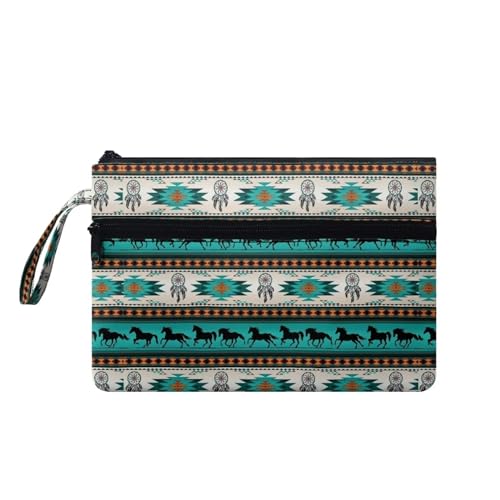 Suhoaziia Aztec Horse Damen-Handtaschen mit Reißverschluss, Make-up-Kulturbeutel, Handgelenk, Umschlagtasche mit Fronttasche von Suhoaziia