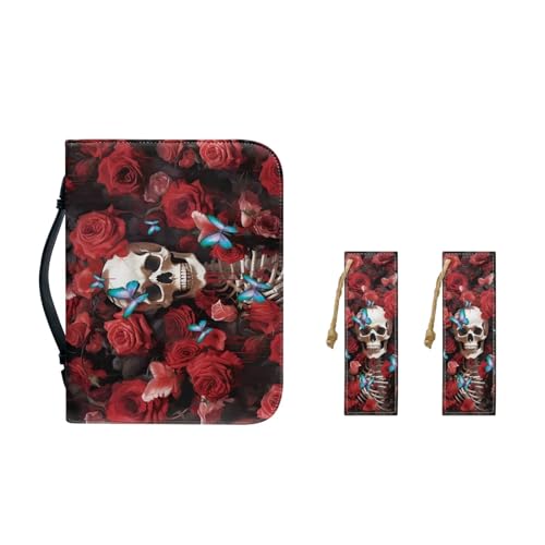 Suhoaziia Bibelhüllen mit 2 Lesezeichen, tragbarer Bibelträger für Damen und Herren, Bibel-Organizer, Ledertasche, Kirchen-Tragetasche, Roter Rosen-Totenkopf, Medium von Suhoaziia