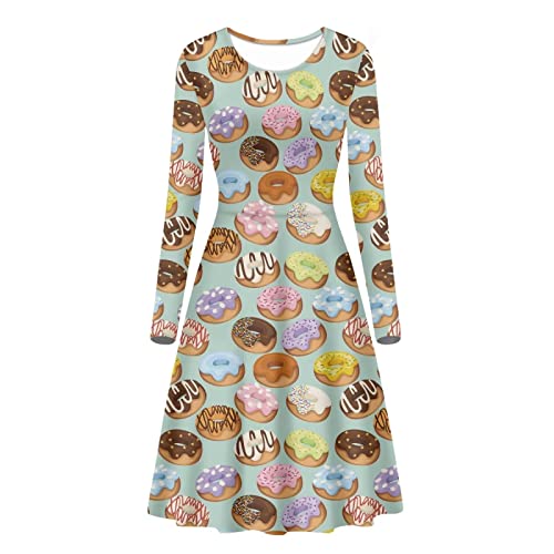 Suhoaziia Damen Cute Print Rundhals Langarm Lose Kleid Knielang Outfits für Herbst, Donuts, Medium von Suhoaziia