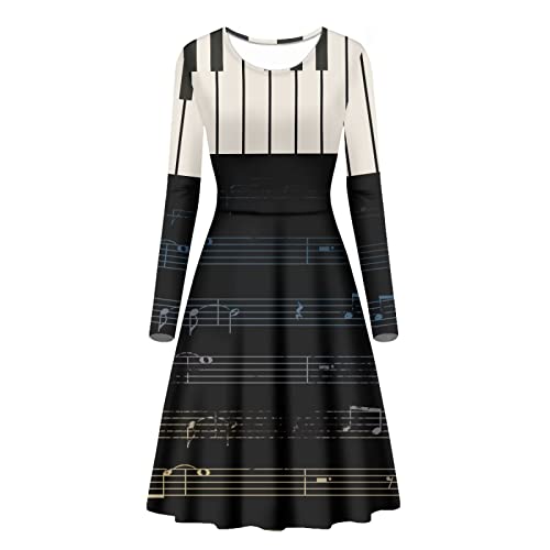 Suhoaziia Damen Elegant Knielang Kleider Casual O-Ausschnitt Hohe Taille Kleid für Arbeit, Musiknoten-Klavier, L von Suhoaziia