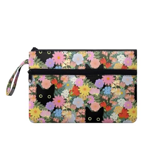 Suhoaziia Damen-Handtaschen, Kreditkartenhalter, Handy, Scheckbuch, Organizer, Kosmetiktasche zum Tragen von Münzen, Lippenstift, Schwarze Katzen mit Blumenmuster, M von Suhoaziia