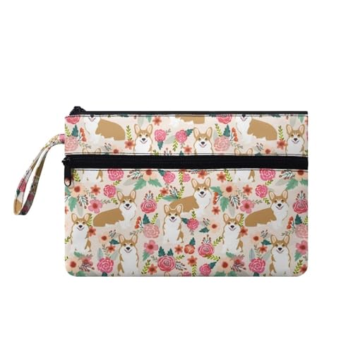 Suhoaziia Damen-Handtaschen mit Handgelenk, Kreditkartenhalter, Handy, Scheckbuch, Organizer, Kosmetiktasche zum Tragen von Münzen, Lippenstift, Corgi-Blumendruck, Medium von Suhoaziia