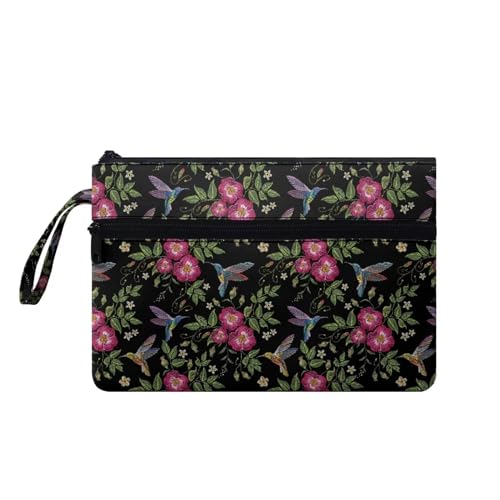 Suhoaziia Damen-Handtaschen mit Handgelenk, Kreditkartenhalter, Handy, Scheckbuch, Organizer, Kosmetiktasche zum Tragen von Münzen, Lippenstift, Kolibris, Retro-Blumenmuster, M von Suhoaziia