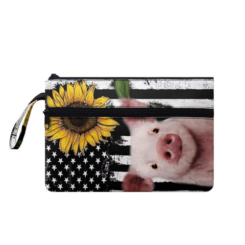 Suhoaziia Damen-Handtaschen mit Handgelenk, Kreditkartenhalter, Handy, Scheckbuch, Organizer, Kosmetiktasche zum Tragen von Münzen, Lippenstift, Usa Flagge Schwein, Medium von Suhoaziia