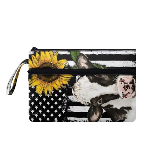 Suhoaziia Damen-Handtaschen mit Handgelenkschlaufe, Kreditkartenhalter, Reise-Organizer, Geldbörse, leichte Kosmetiktasche, USA-Flagge, Kuhdruck, Medium von Suhoaziia