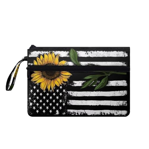 Suhoaziia Damen-Handtaschen mit Handgelenkschlaufe, Kreditkartenhalter, Reise-Organizer, Geldbörse, leichte Kosmetiktasche, USA-Flagge, Sonnenblume, Medium von Suhoaziia