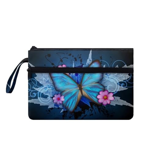 Suhoaziia Damen-Handtaschen mit Handgelenkschlaufe, Make-up-Kulturbeutel, Handyhalter, Reise-Organizer-Tasche mit Taschen, blau mit schmetterlingen, S von Suhoaziia