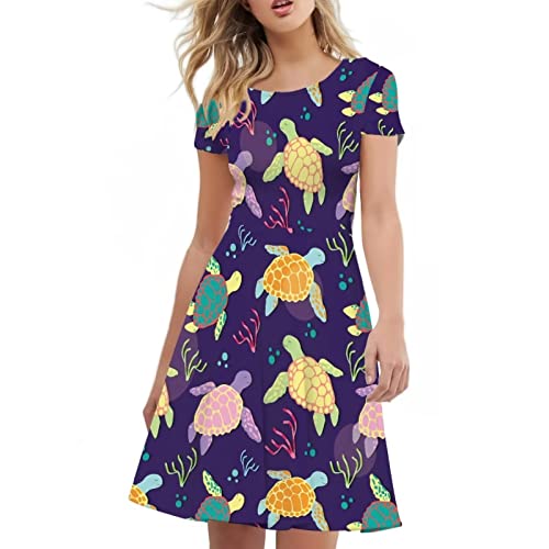 Suhoaziia Damen Kurzarm Rundhals Print Hohe Taille A Linie Sommer Knielang Kleid, Bunte Schildkröten, Small von Suhoaziia
